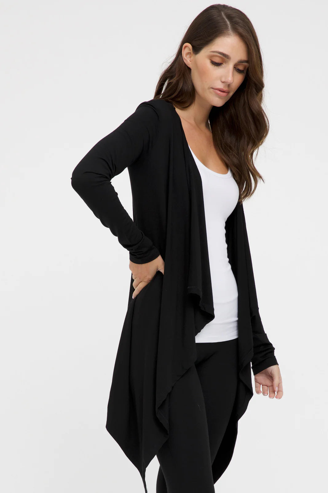 "Eco-friendly bamboo women's clothing: Black waterfall cardigan offers luxurious softness and style."