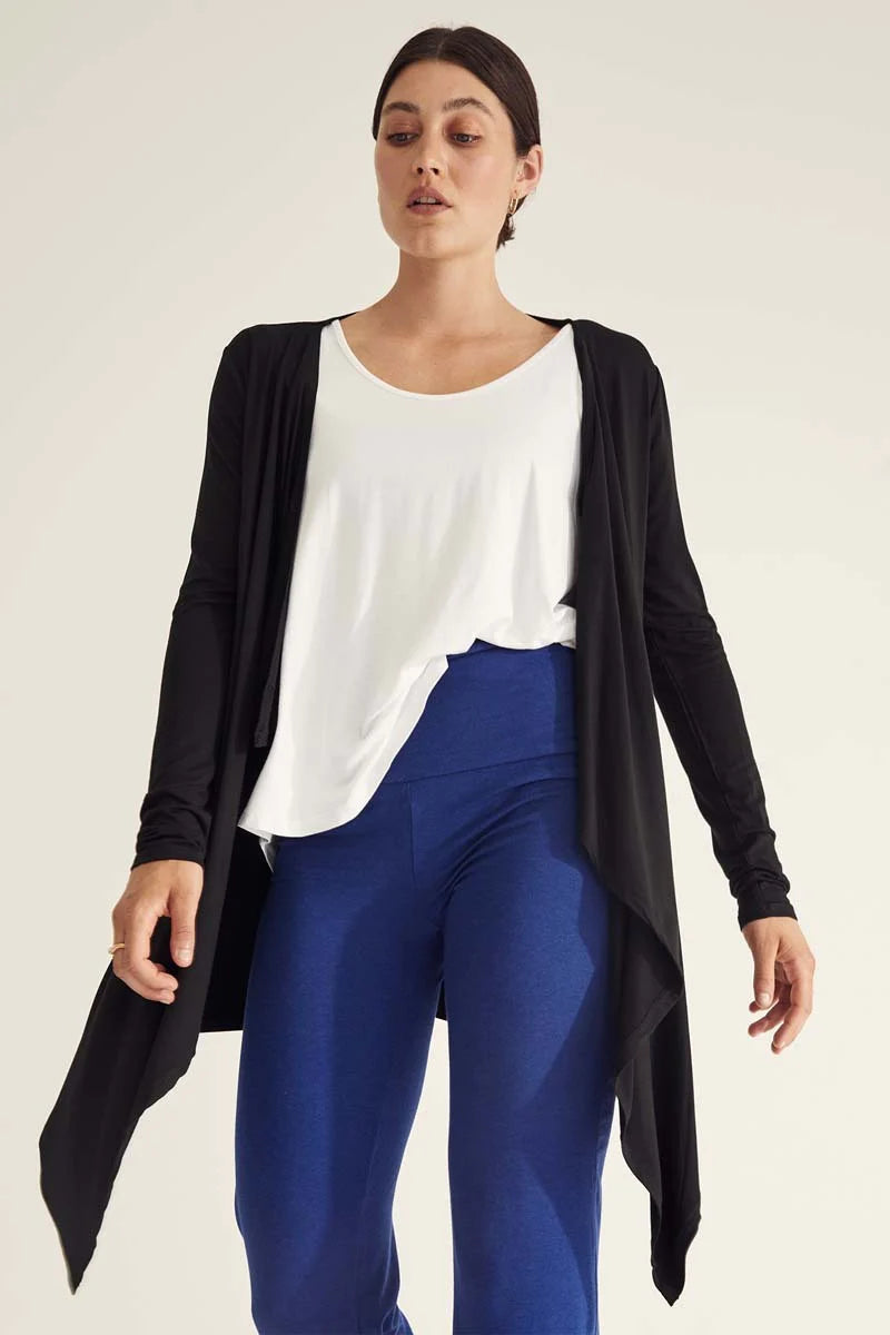 "Stylish black bamboo waterfall cardigan: Luxurious comfort meets sustainability in clothing."
