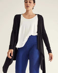 "Stylish black bamboo waterfall cardigan: Luxurious comfort meets sustainability in clothing."