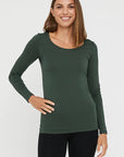 "Stylish green bamboo women's full sleeve top: Luxurious comfort meets sustainability in versatile clothing."