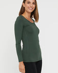 "Buttery soft bamboo full sleeve top for women: Green hue adds vibrancy and eco-conscious flair to attire."