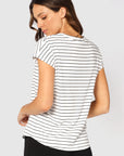 "Buttery soft bamboo women's top in stripe: Sustainable style with elegance and comfort in versatile attire."