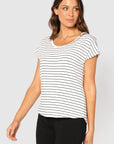 "Eco-friendly bamboo women's clothing: Striped top offers buttery softness and stylish sustainability."
