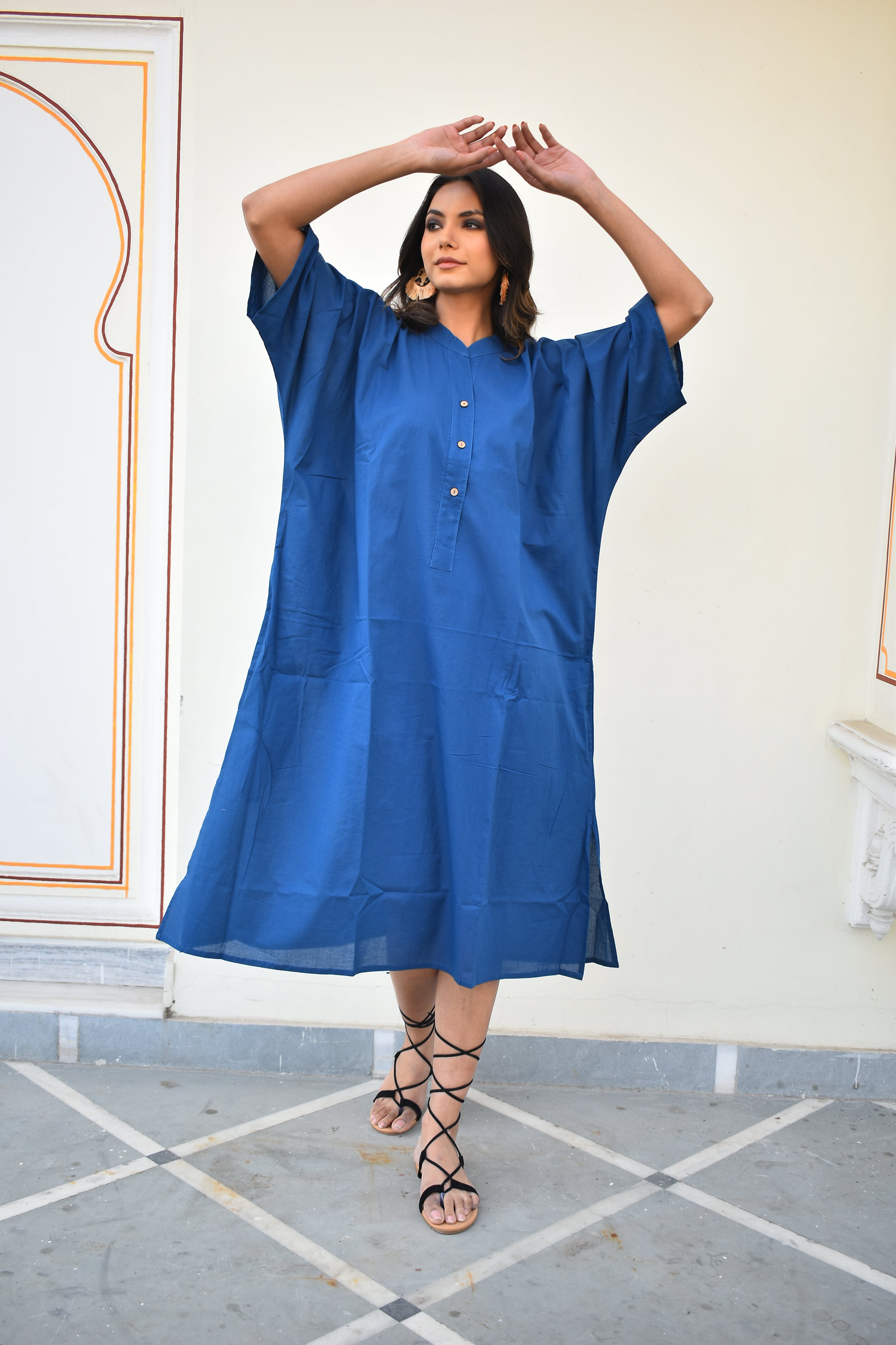 "Blue shirt dress in cotton: Timeless Australian fashion, combining style with comfort effortlessly."