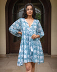 Elegant blue midi dress crafted from soft cotton, showcasing floral patterns, relaxed sleeves, and a flattering fit with convenient side pockets.