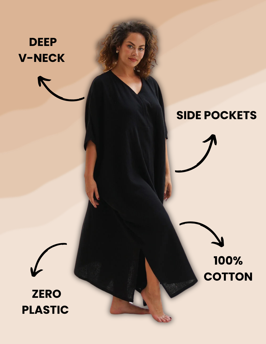 Black cotton gauze kaftan featuring a lightweight, full-length design, ideal for casual or beachwear.