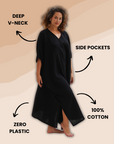 Black cotton gauze kaftan featuring a lightweight, full-length design, ideal for casual or beachwear.