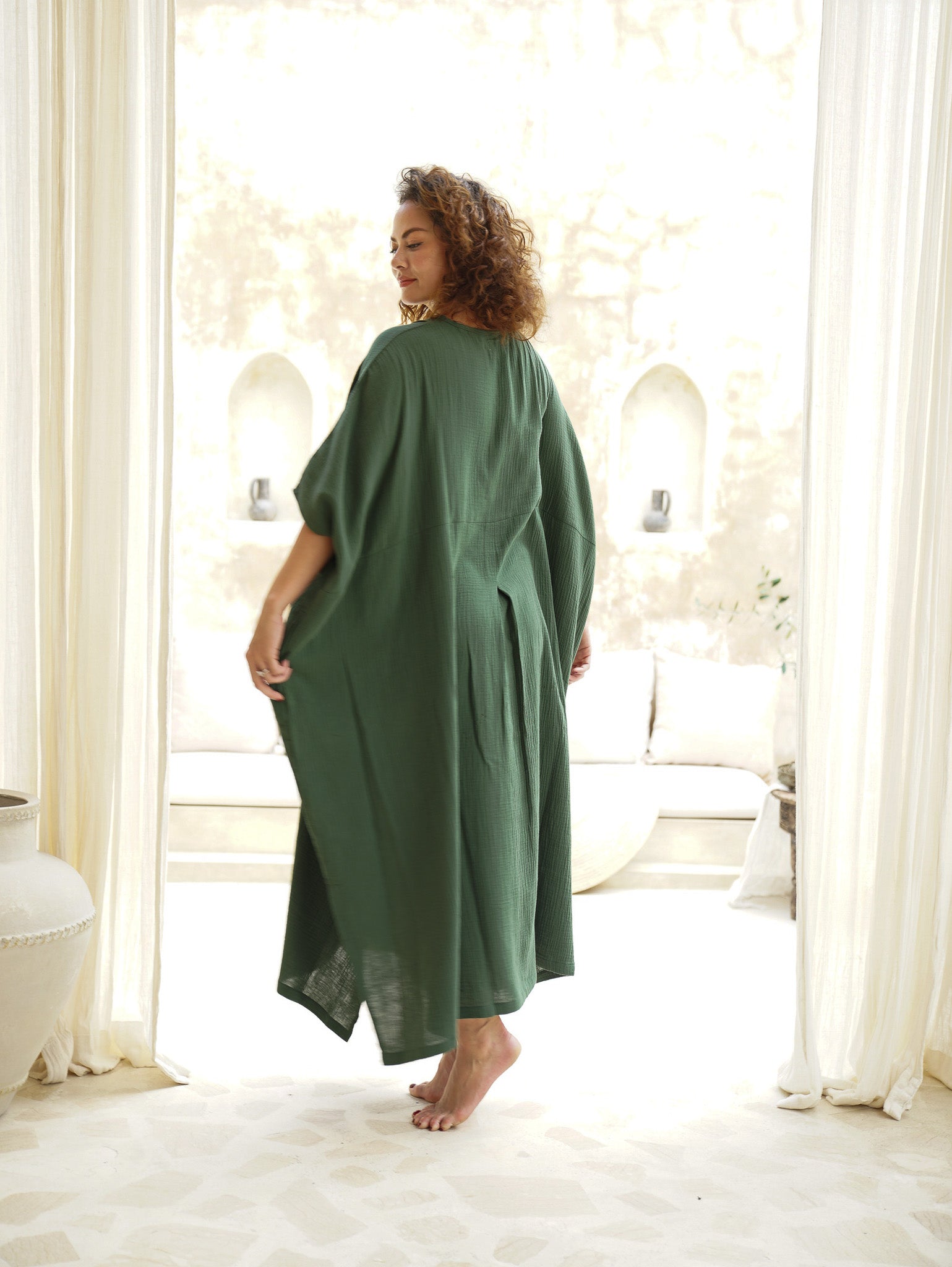 Step into sophistication with our Forest Green Cotton Gauze Long Kaftan. Effortless style, unmatched comfort. Buy now!
