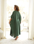 Wrap yourself in luxury with our Forest Green Cotton Gauze Long Kaftan. Perfect for any occasion. Get yours now!