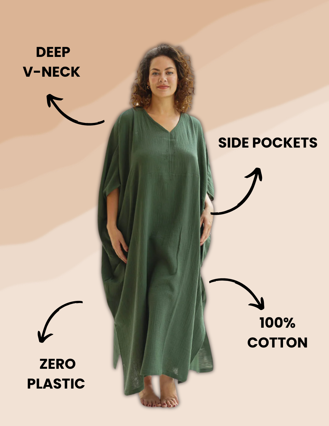 Elegant forest green long kaftan made from lightweight cotton gauze, offering comfort and effortless style.