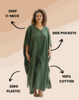 Elegant forest green long kaftan made from lightweight cotton gauze, offering comfort and effortless style.