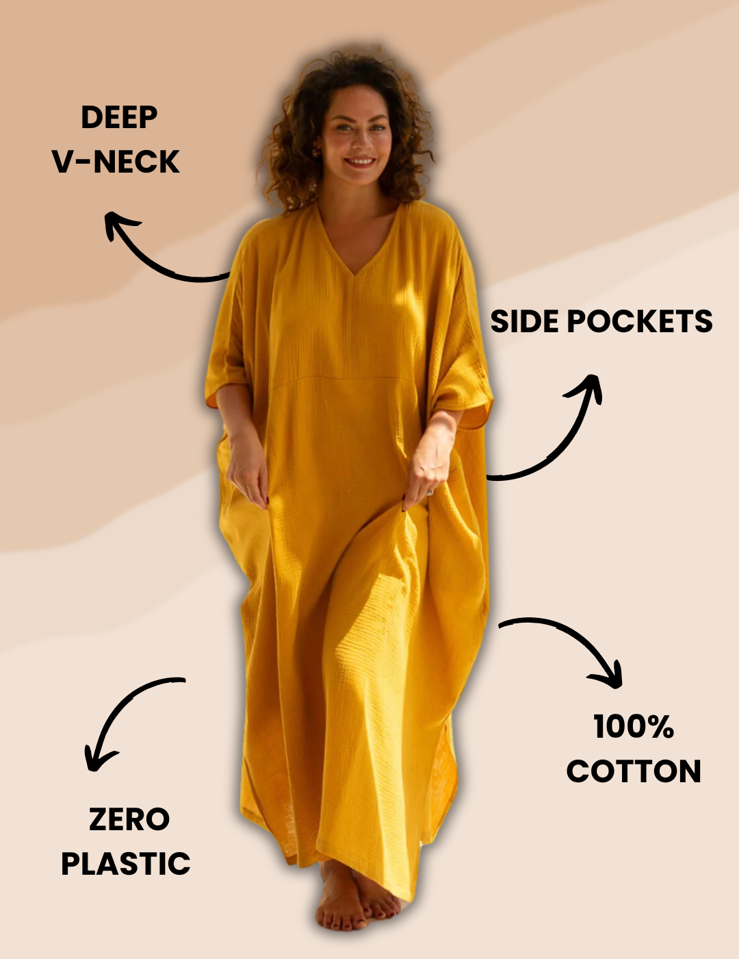 Flowy mustard-colored cotton gauze kaftan with a relaxed fit, perfect for a breezy, casual look.