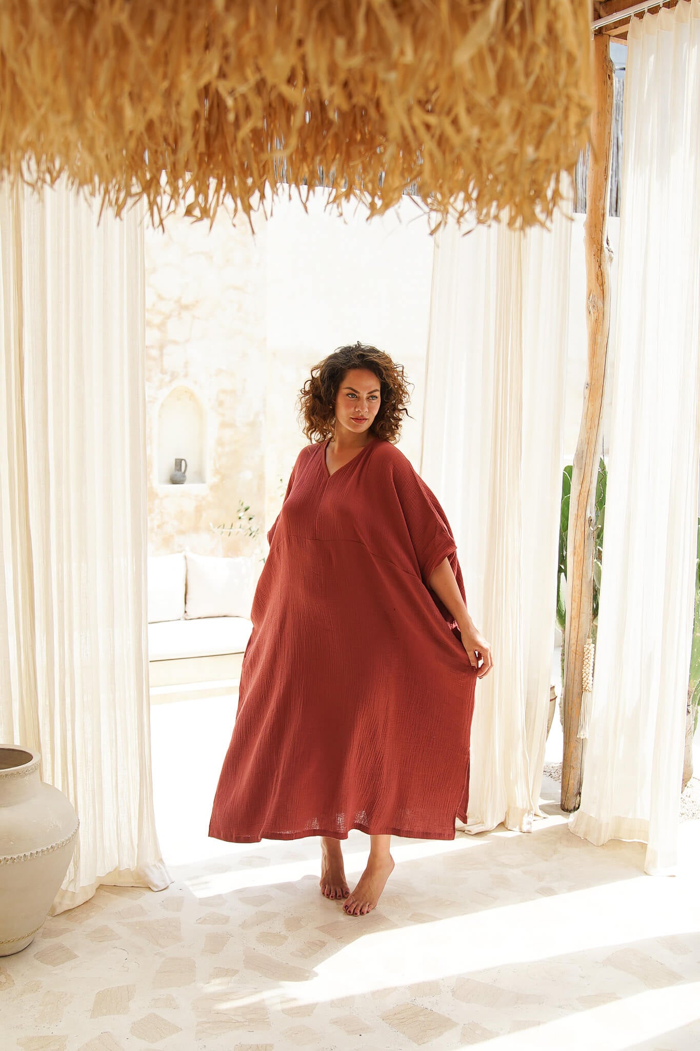 Wrap yourself in comfort with our Rust Cotton Gauze Kaftan. Effortlessly chic, endlessly cozy. Shop now!