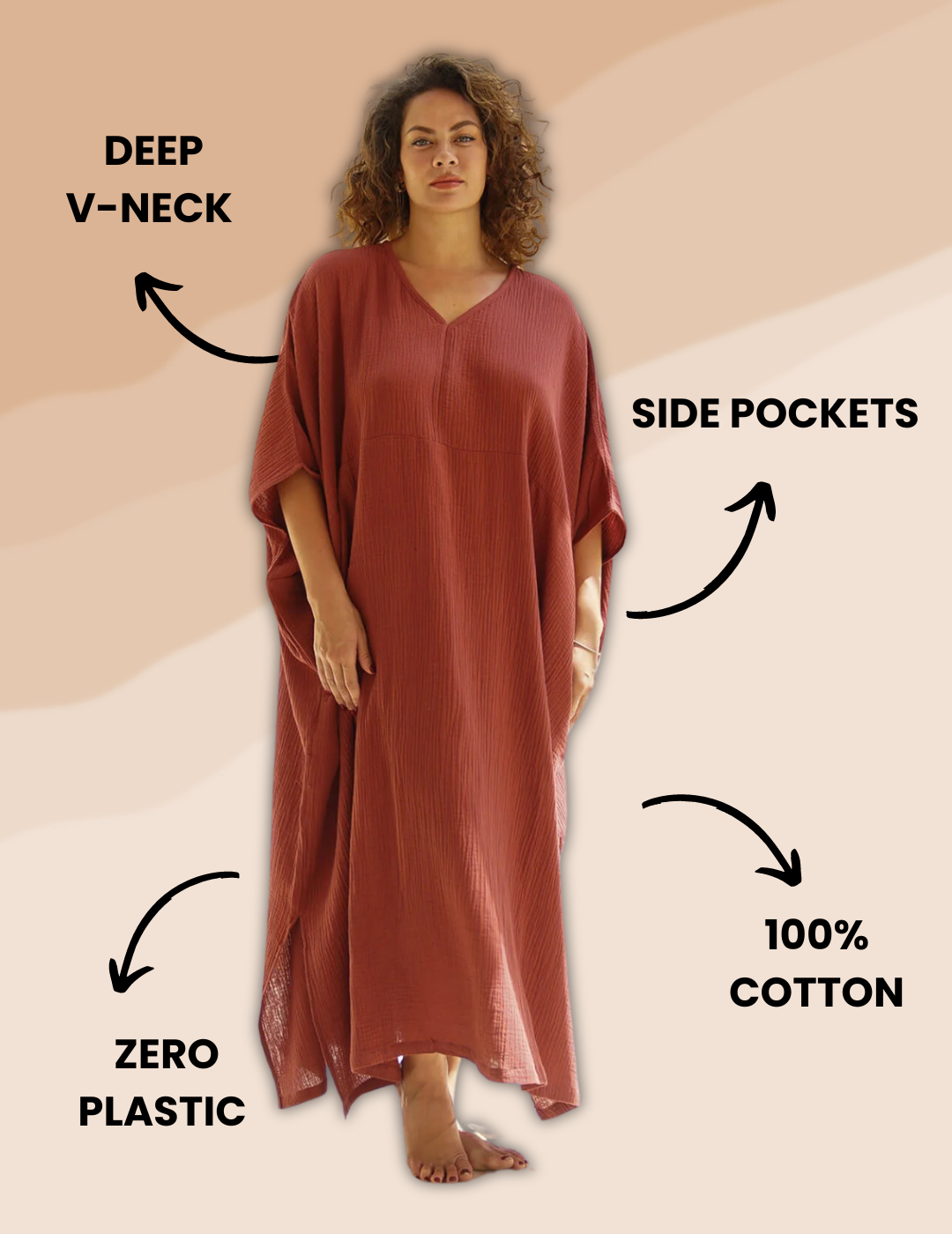 Rust-colored cotton gauze long kaftan with a relaxed fit and flowy silhouette, perfect for casual wear.