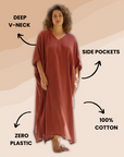 Rust-colored cotton gauze long kaftan with a relaxed fit and flowy silhouette, perfect for casual wear.