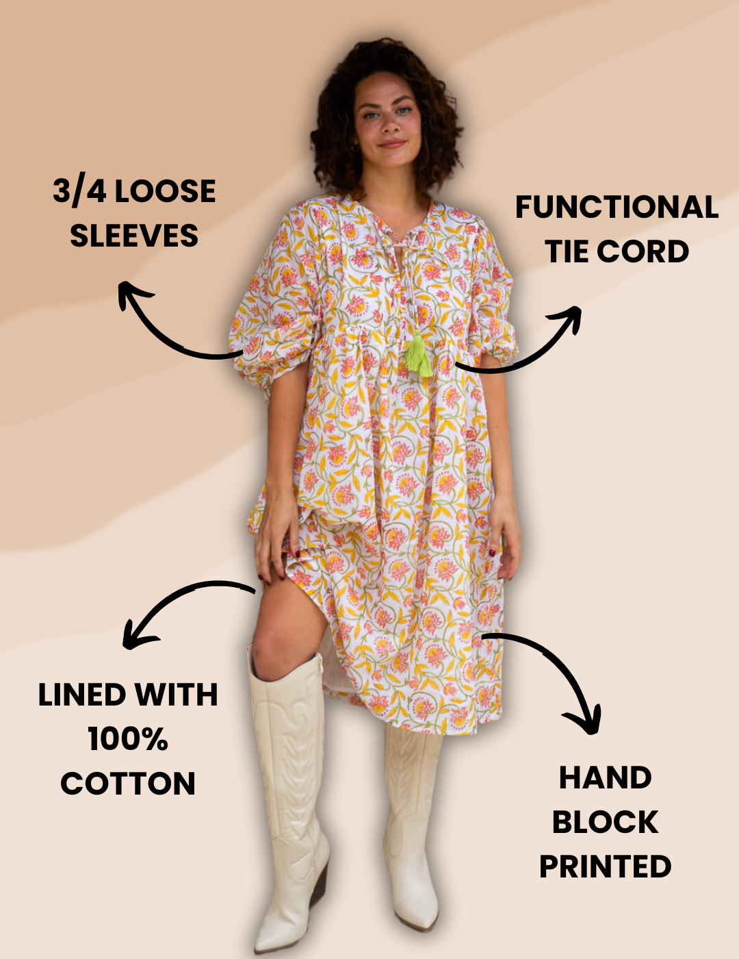 Beautiful cotton midi dress with a floral pincushion bloom pattern, ideal for casual spring and summer outings.