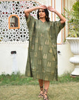 "Handmade cotton shirt dress in green and gold: Unique artisanal creation, perfect for standout style."