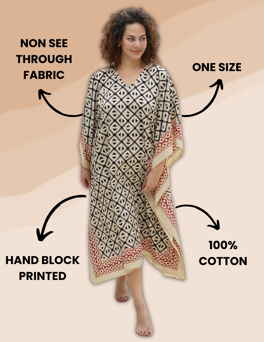 Hand-printed long kaftan showcasing beautiful patterns, featuring a loose fit and soft fabric for ultimate comfort and style.