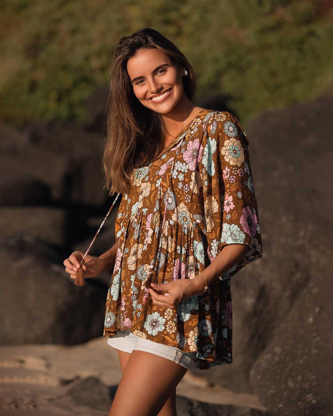 "Get the perfect boho look with our brown floral top. Flowy, chic, and versatile. Ideal for festivals or casual outings. Buy today and enjoy great deals!"