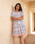 Artisanal blue and peach floral midi dress with a shirred chest design, adjustable sleeves, and side pockets for a perfect blend of style and comfort.