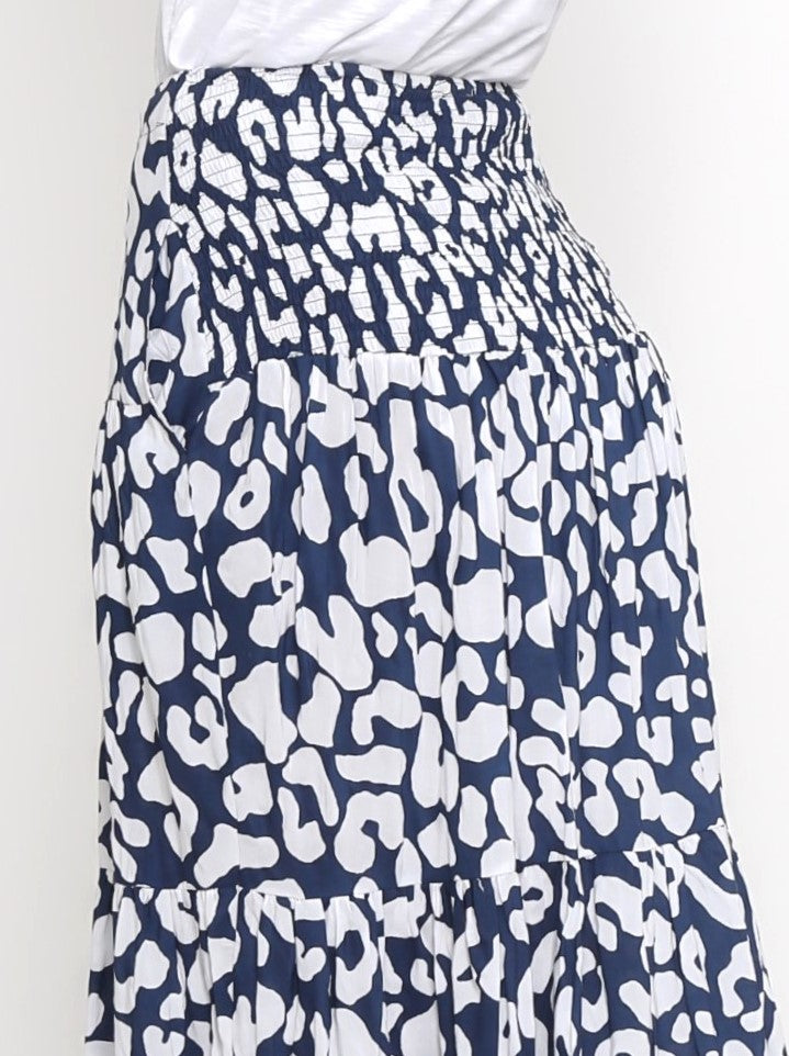 Embrace your wild side with our navy leopard print cotton long skirt. Stylish, comfortable, and perfect for any occasion. Add to your cart today!