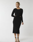 "Embrace timeless style with our black midi dress featuring a flattering cut-out waist. Shop now!"