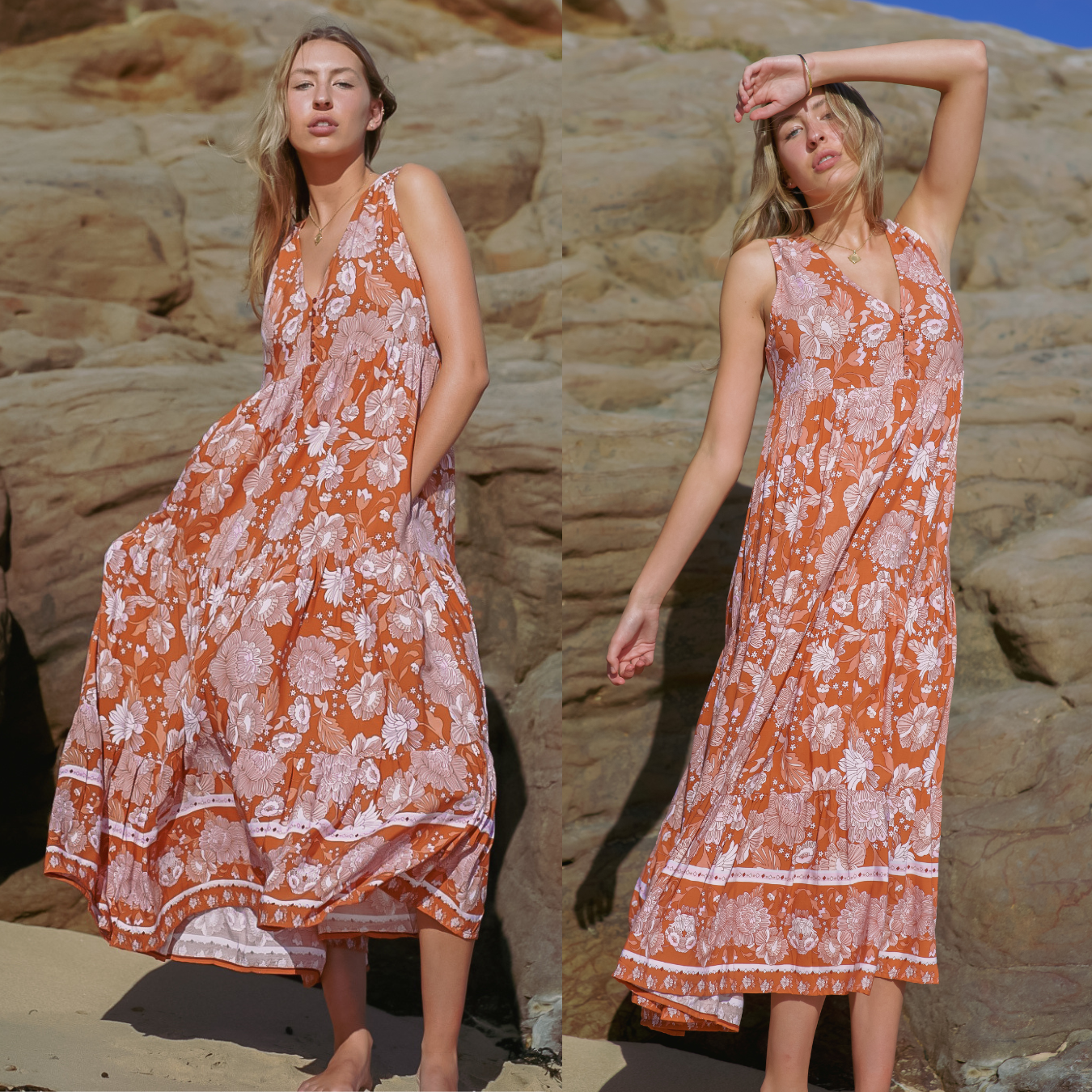 "Step into summer with our sleeveless long maxi dress. The beautiful floral print makes it a must-have for your wardrobe. Order now and shine!"