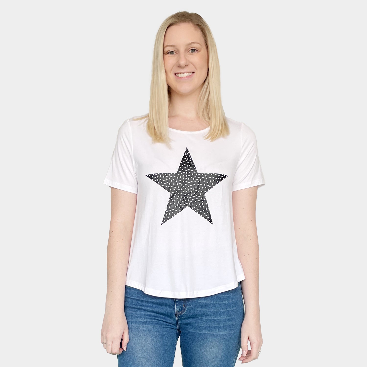 Unveil your eco-conscious style with our white bamboo t-shirt, showcasing a trendy star print at the back. Order now!